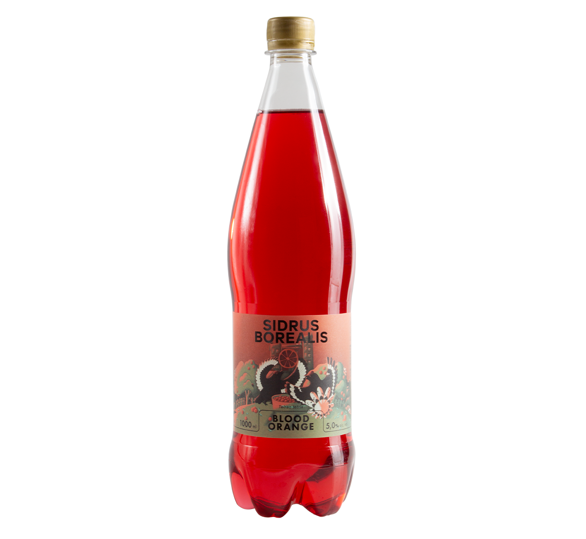 A plastic bottle of Sidrus Borealis blood orange taste cider with a label illustrated with a bird