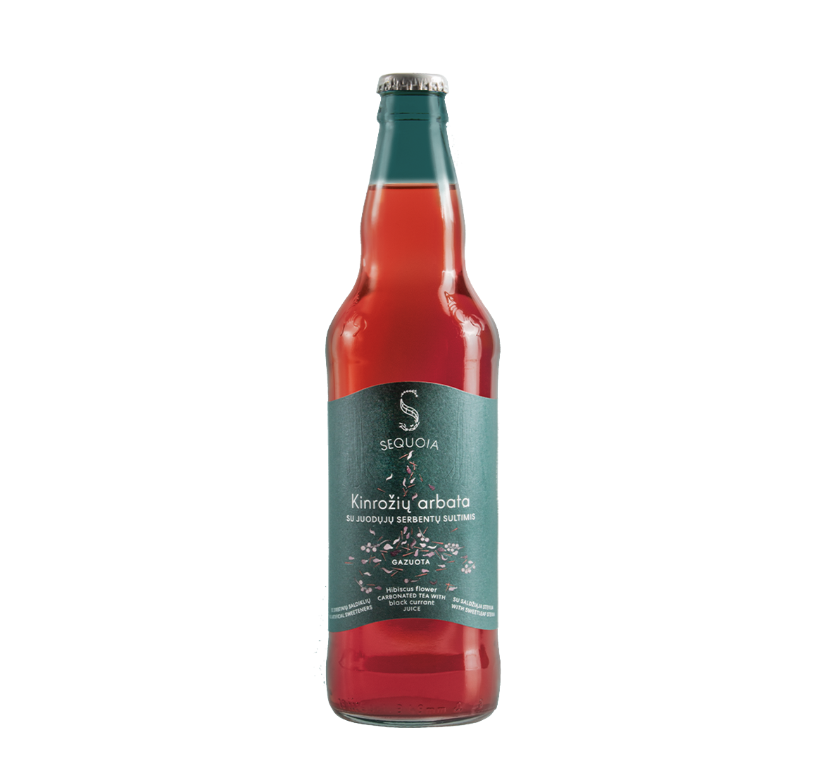 A glass bottle of Sequoia carbonated hibiscus tea with black currant nectar