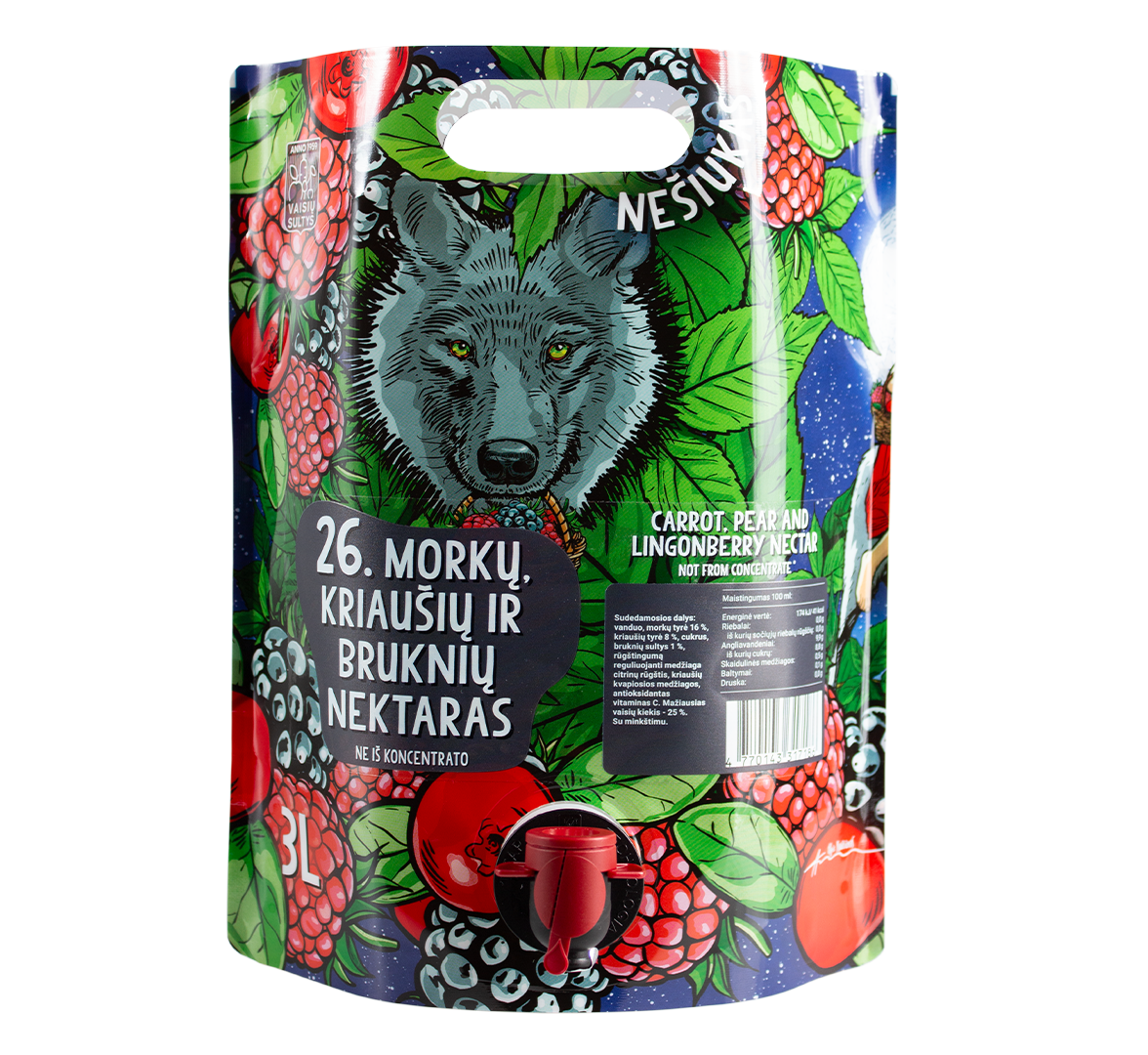 An image of natural carrot, pear and ligonberry nectar 3000 ml fairy tale pouch with illustrations of wolf, berries and leaves