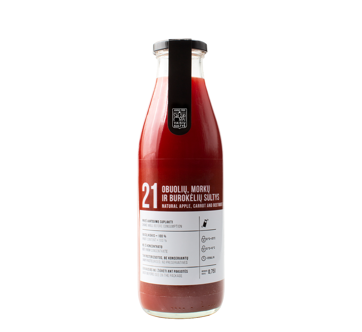 An image of a 750 ml bottle of natural apple, carrot and beetroot juice