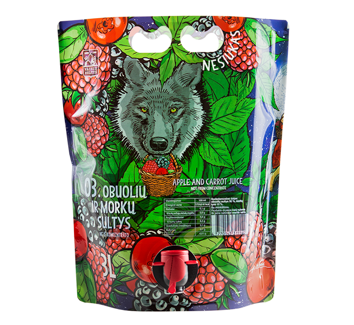 An image of natural apple and carrot juice 3000 ml fairy tale pouch with illustrations of wolf, berries and leaves