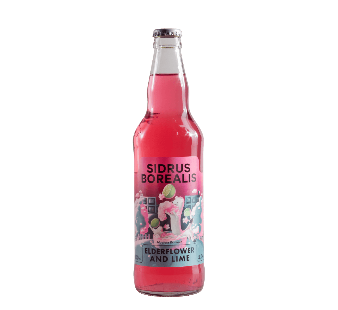 A 500 ml glass bottle of Sidrus Borealis elderflower and lime flavored cider with a label illustrated with two white stoats on a hill surrounded by clouds flowers and juggling limes