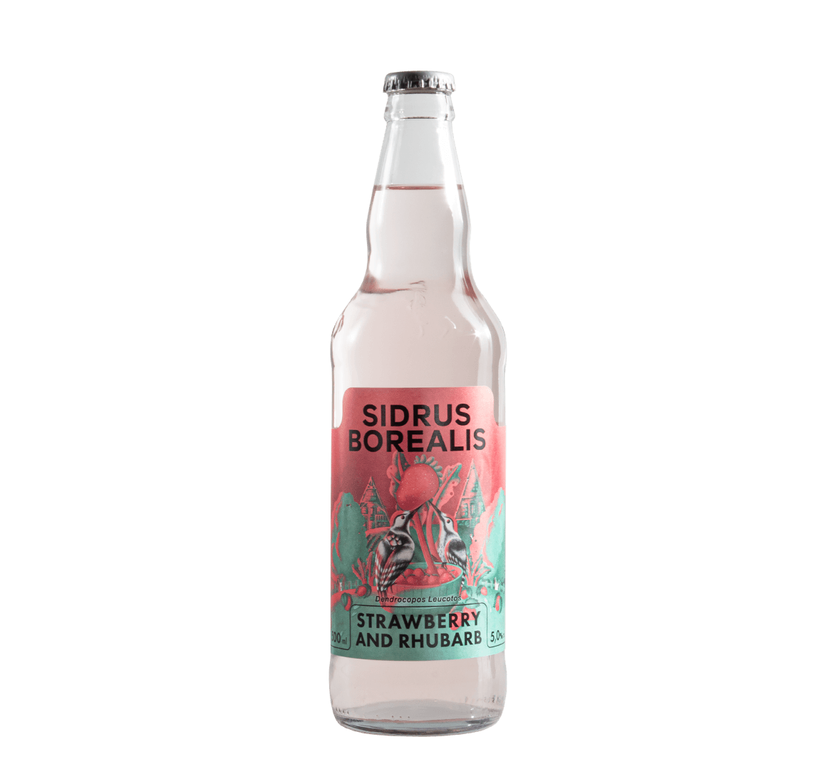 A 500 ml glass bottle of Sidrus Borealis strawberry and rhubarb cider with a label illustrated of two woodpeckers on a hill, crossing strawberries and rhubarbs, summer houses in the background