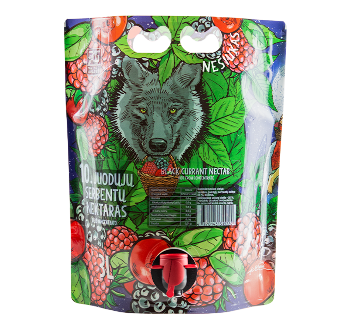 An image of natural black currant nectar 3000 ml fairy tale pouch with illustrations of wolf, berries and leaves