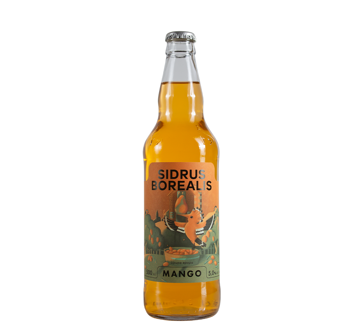 A glass bottle of Sidrus Borealis mango cider with a label illustrated with a bird