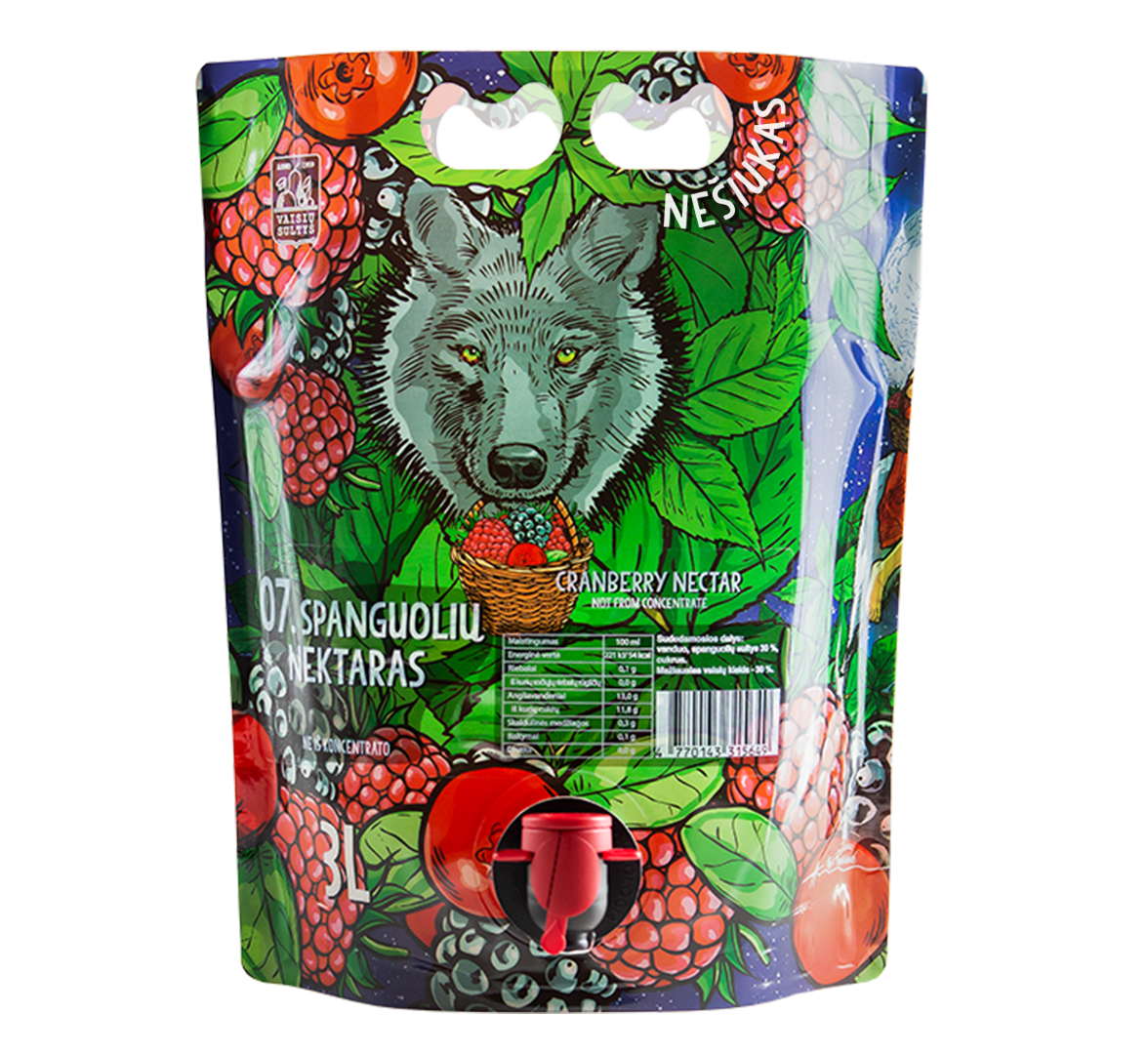 An image of natural cranberry nectar 3000 ml fairy tale pouch with illustrations of wolf, berries and leaves