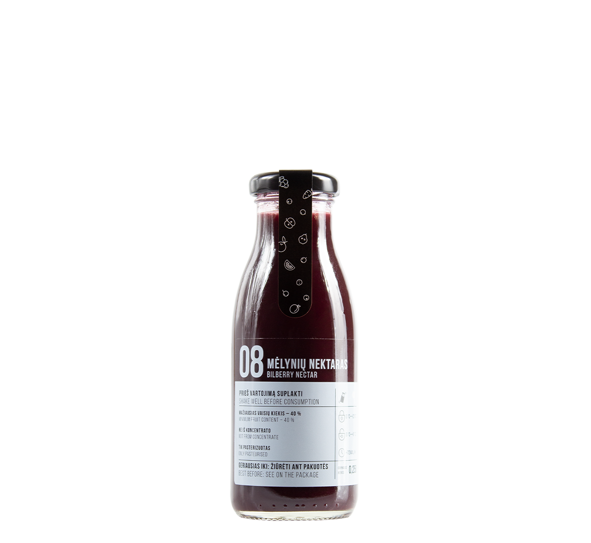An image of a 250 ml bottle of natural bilberry nectar