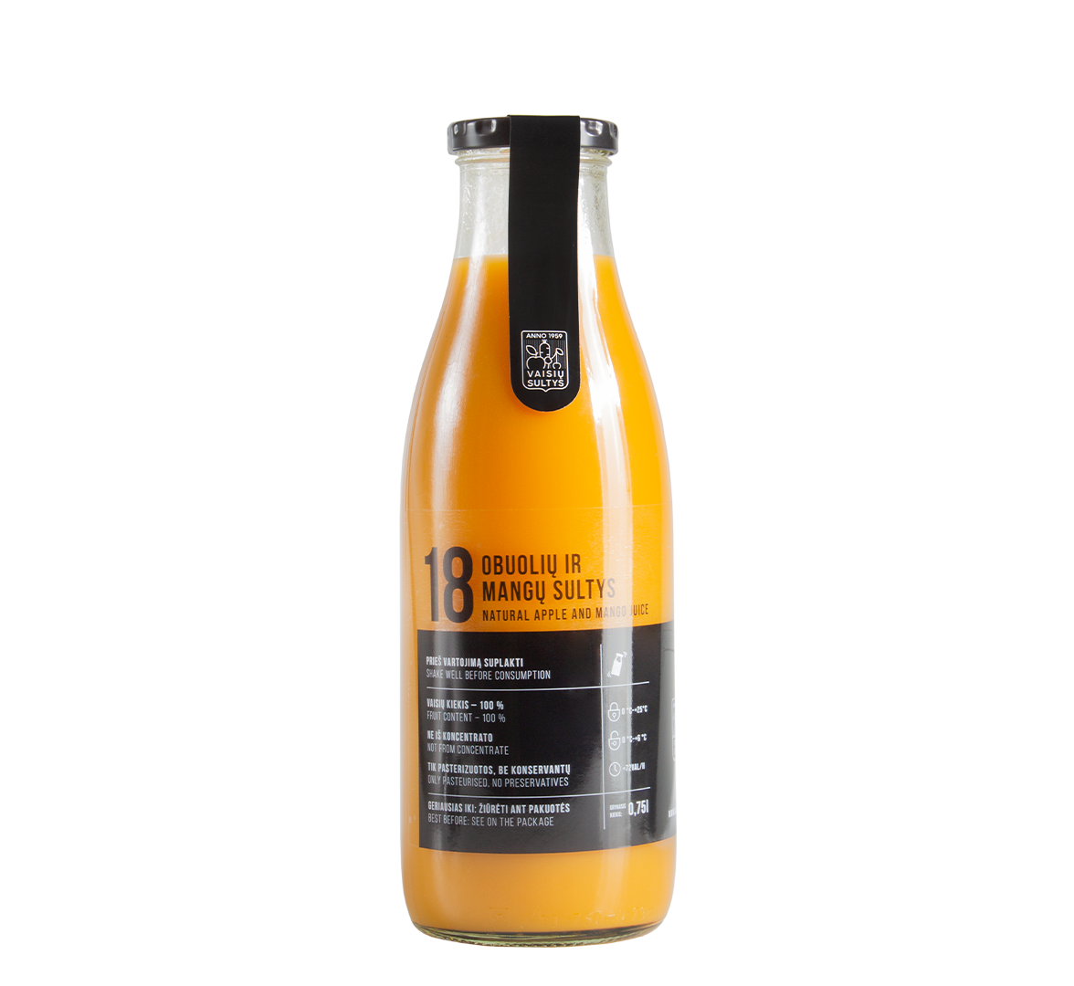 An image of a 750 ml bottle of natural apple and mango juice