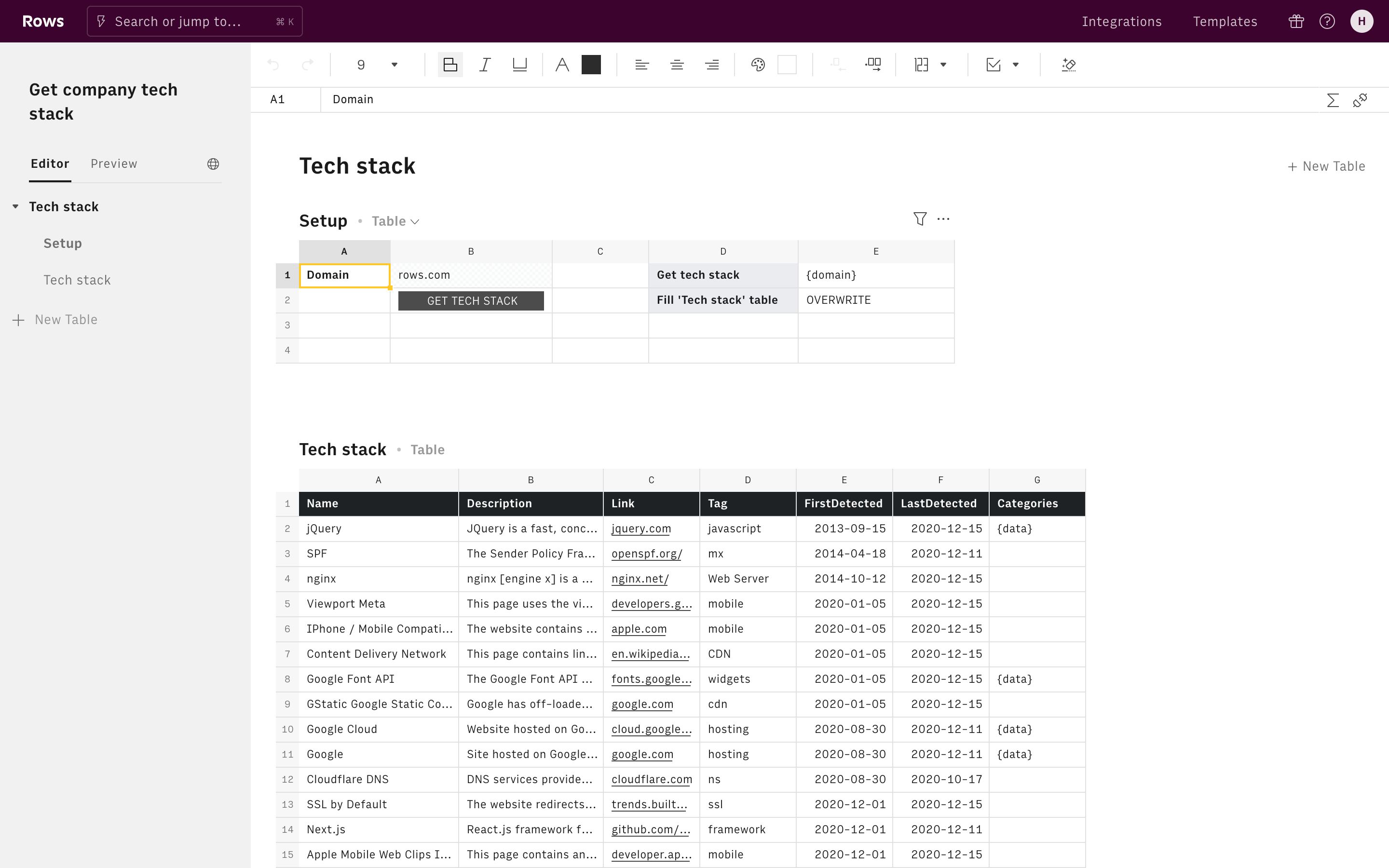 Get company tech stack Editor