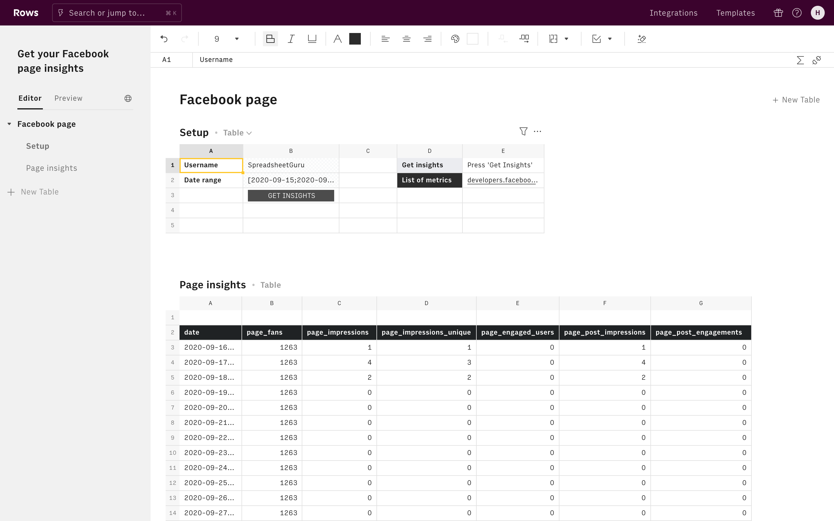 Get your Facebook page insights Editor