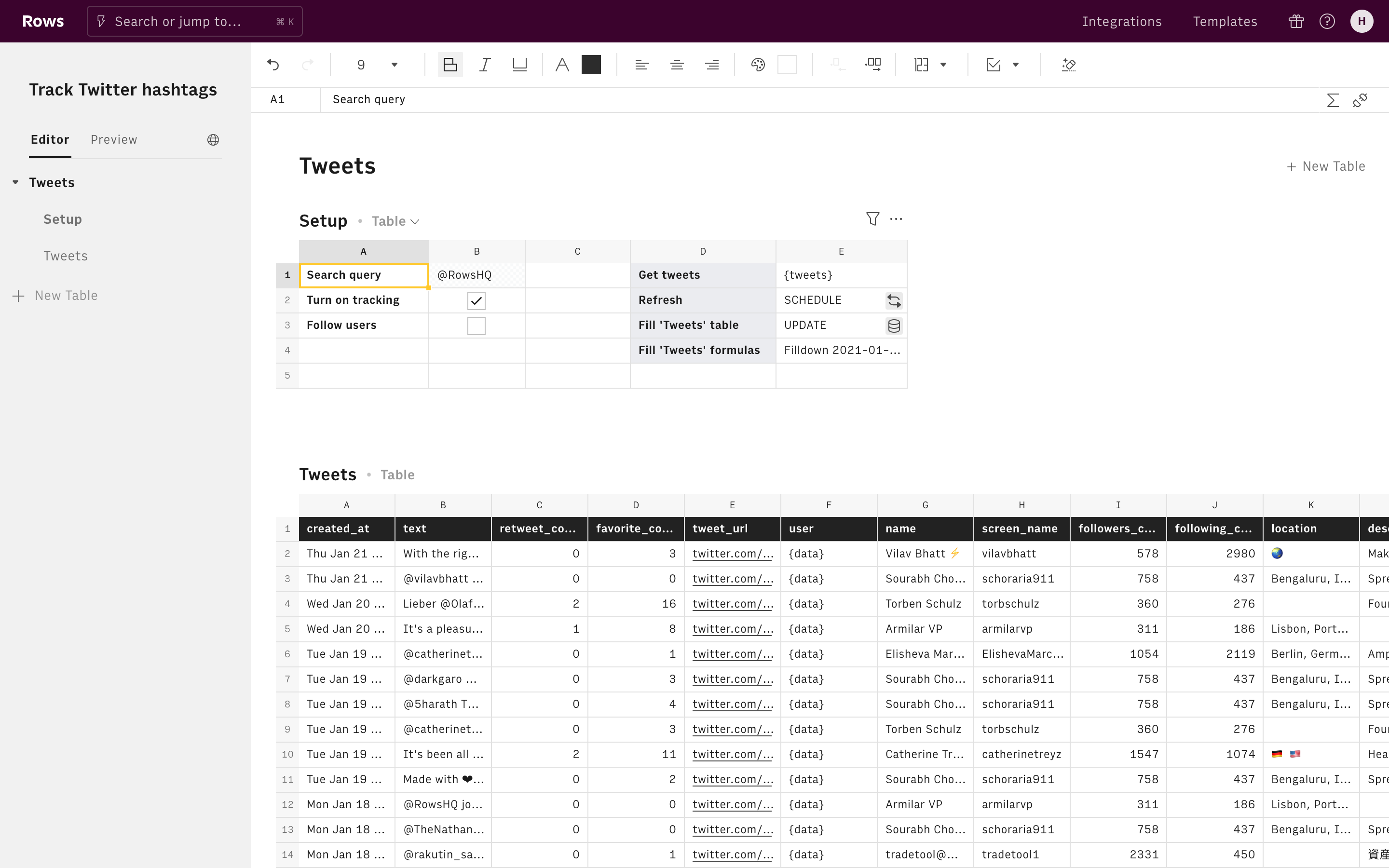 Track Twitter hashtags Editor