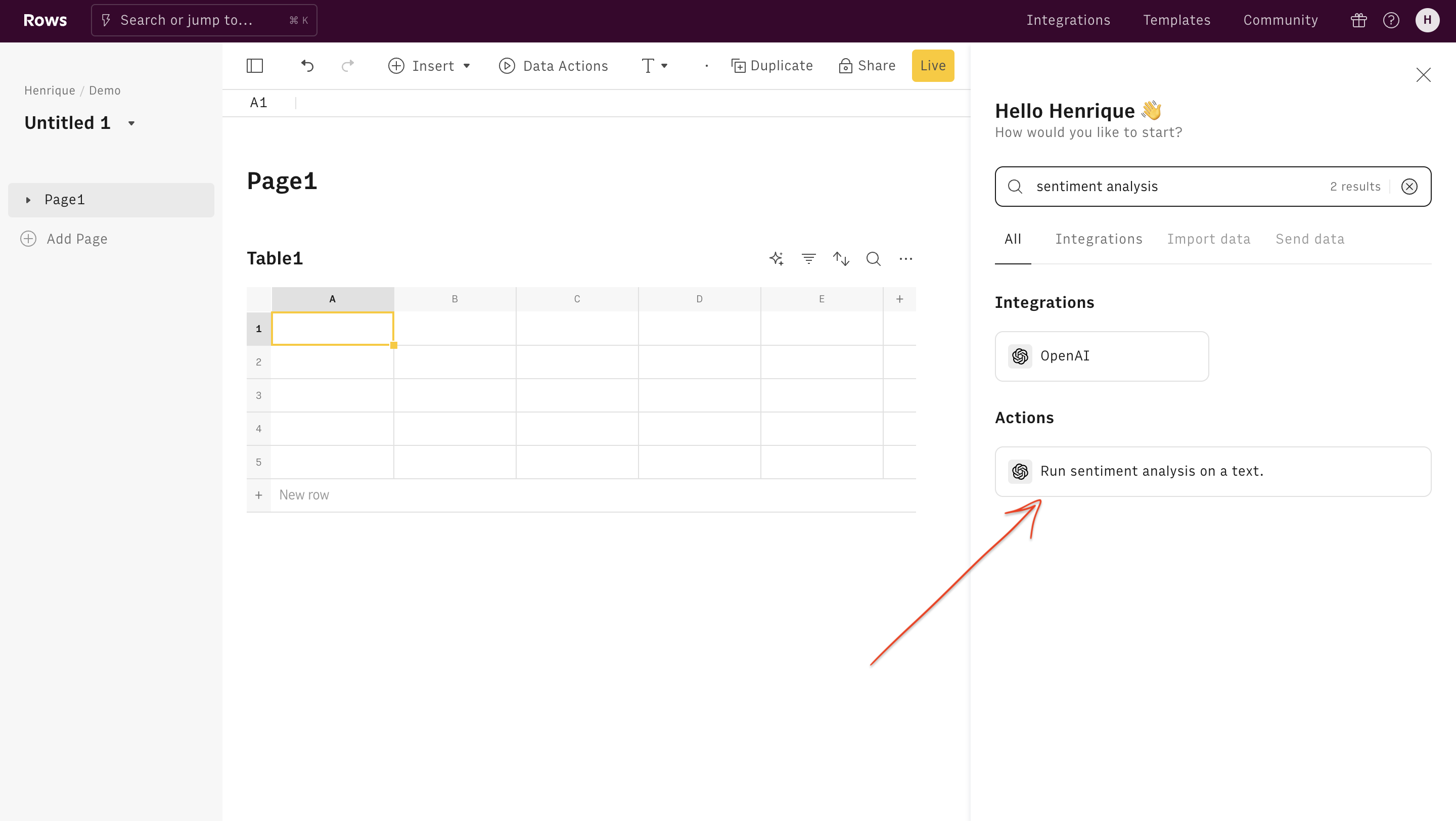 Sentiment Analysis action