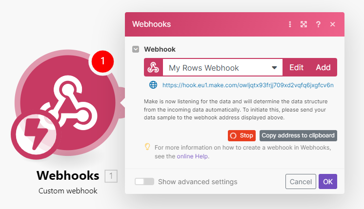 Sending data to a webhook in Rows Rows