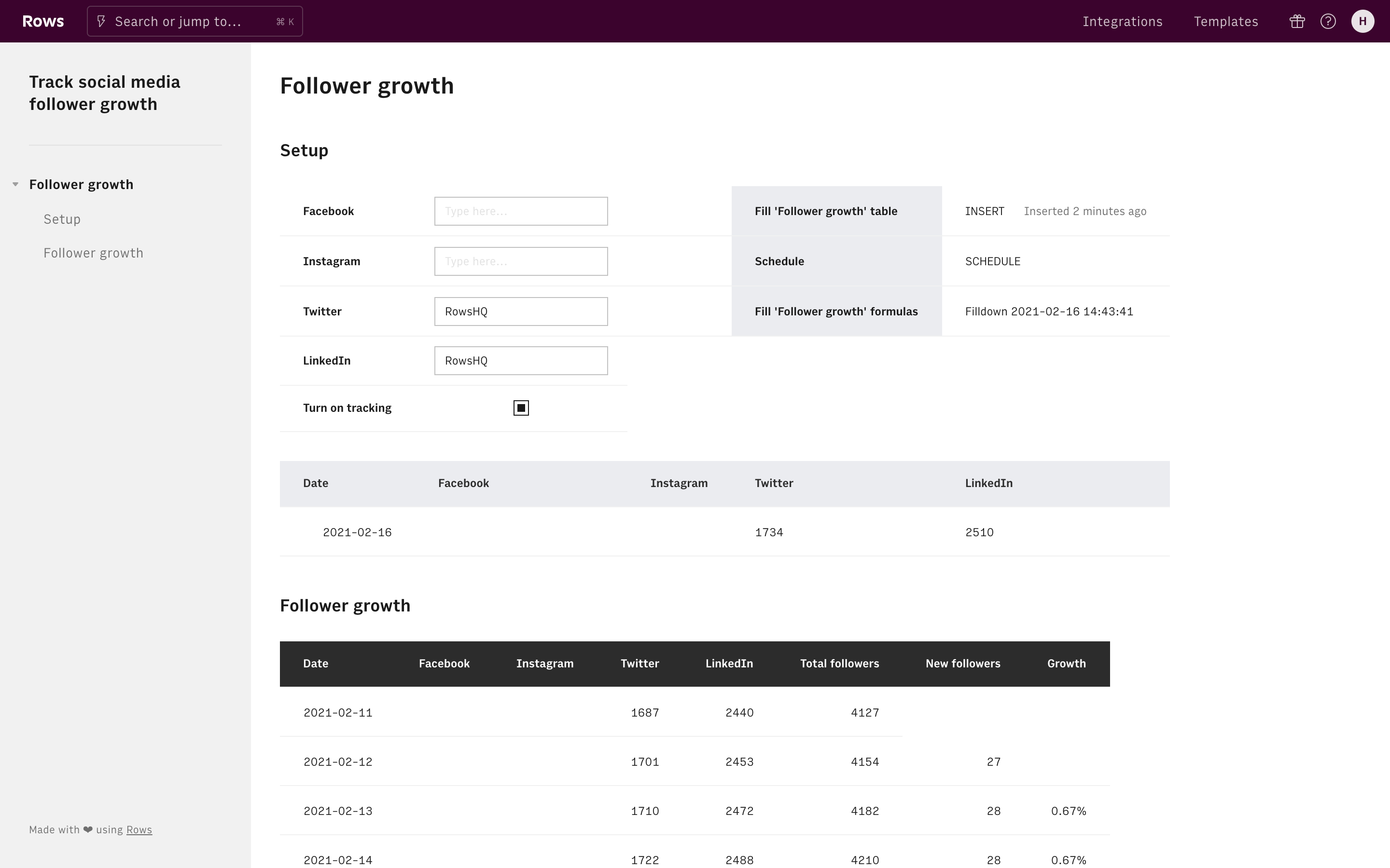 Rows Track social media follower growth