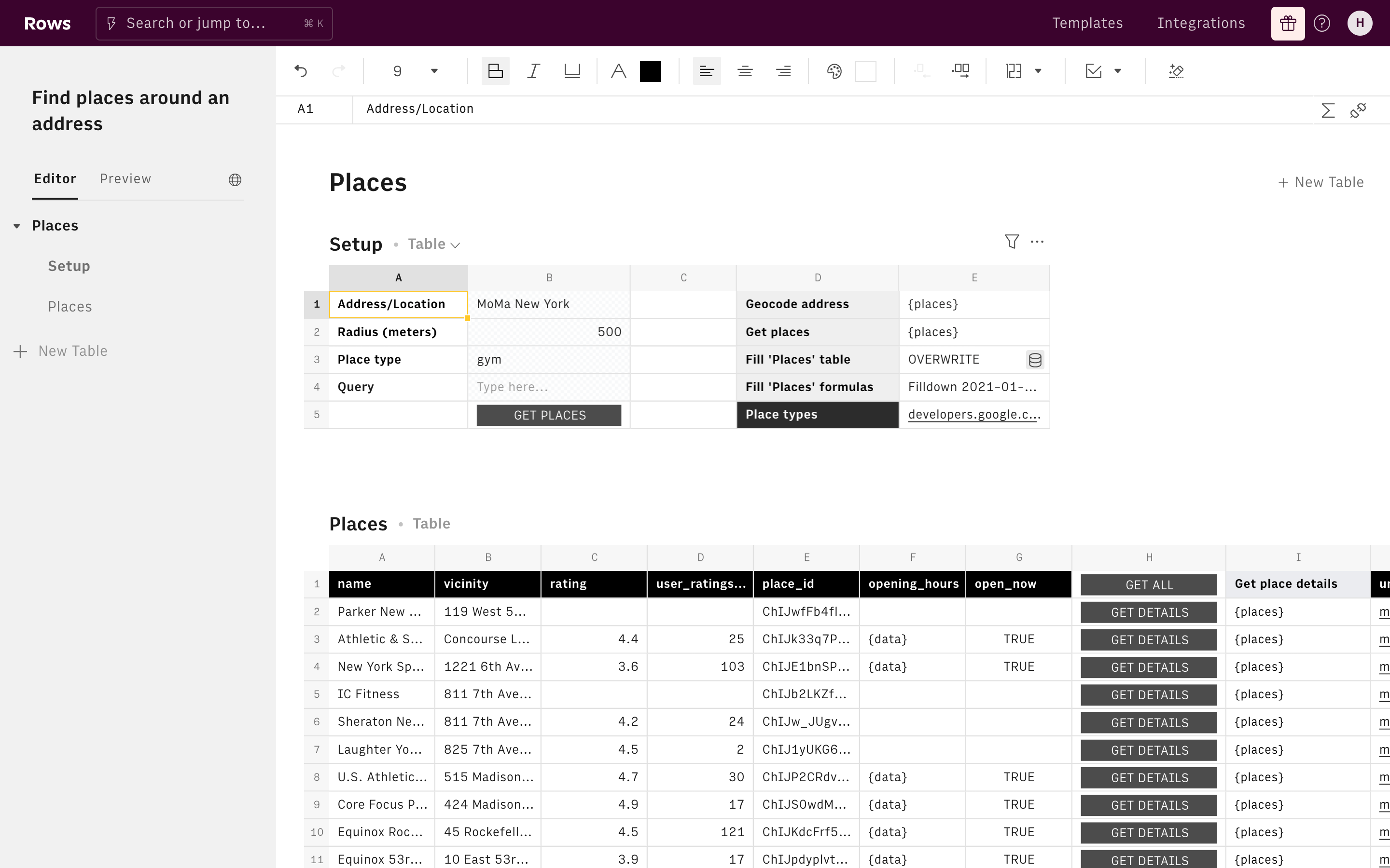 Find places around an address Editor