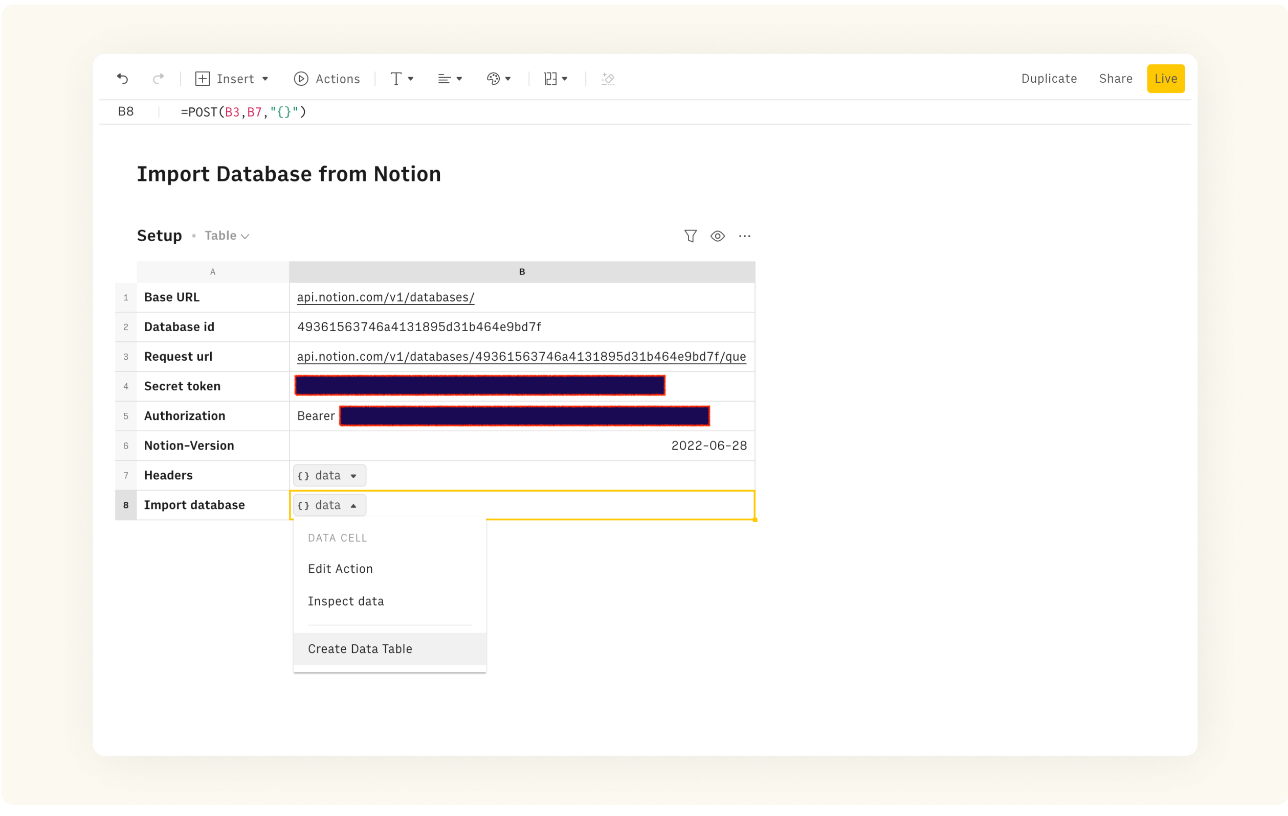 Create Data Table action