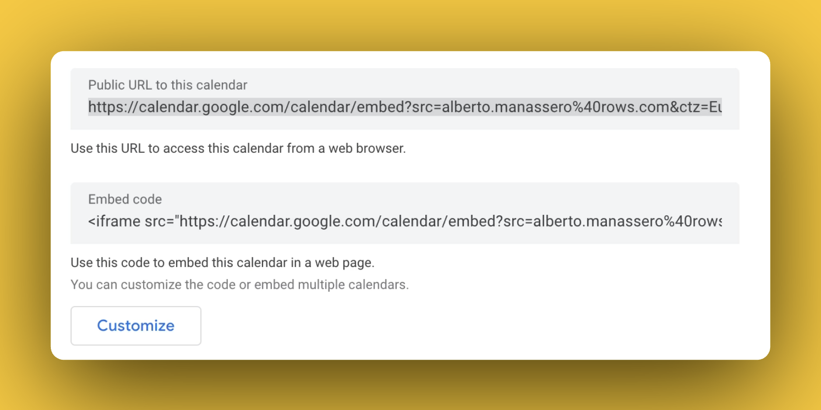 Copy public Google Calendar URL 
