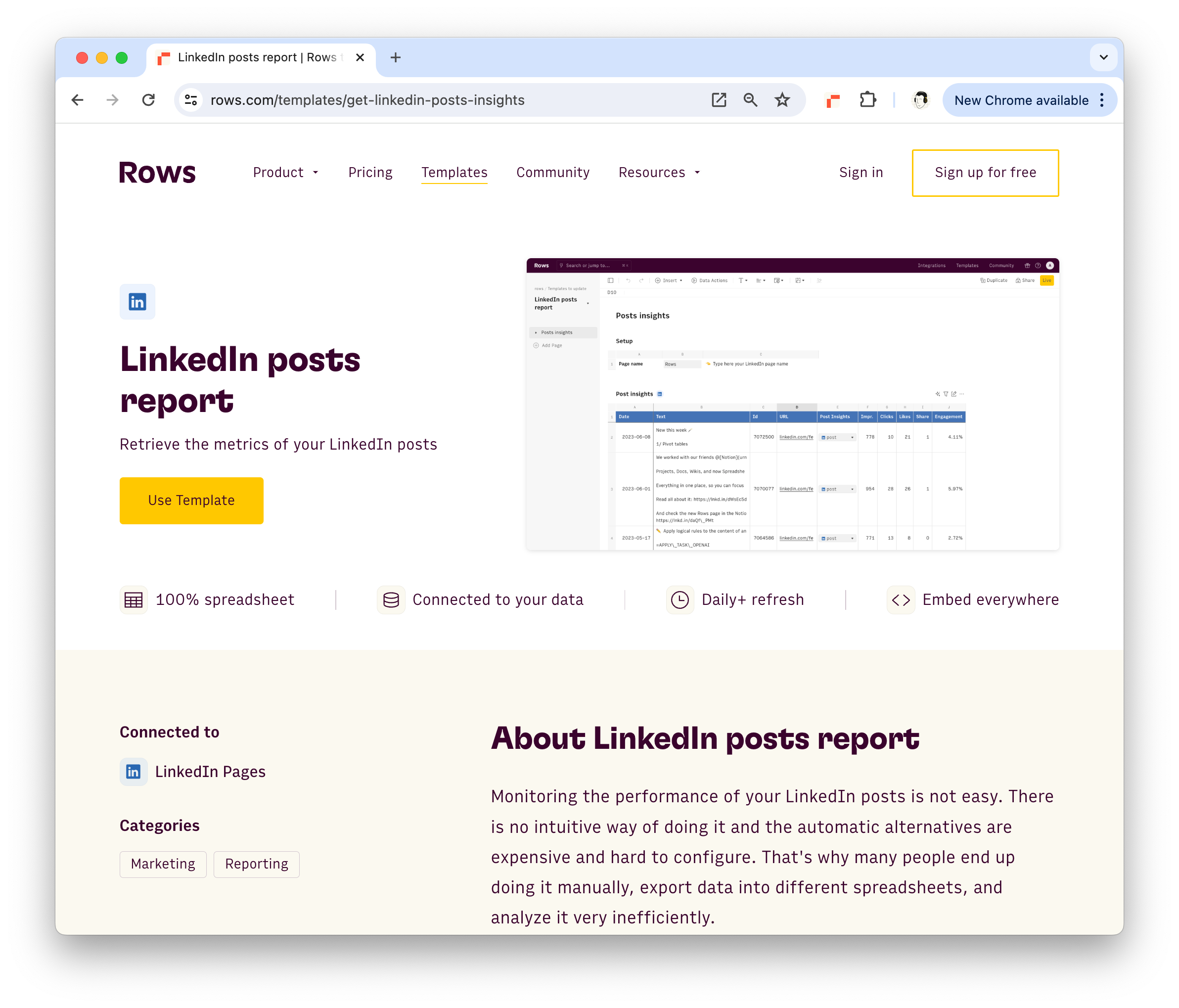 The LinkedIn posts report template