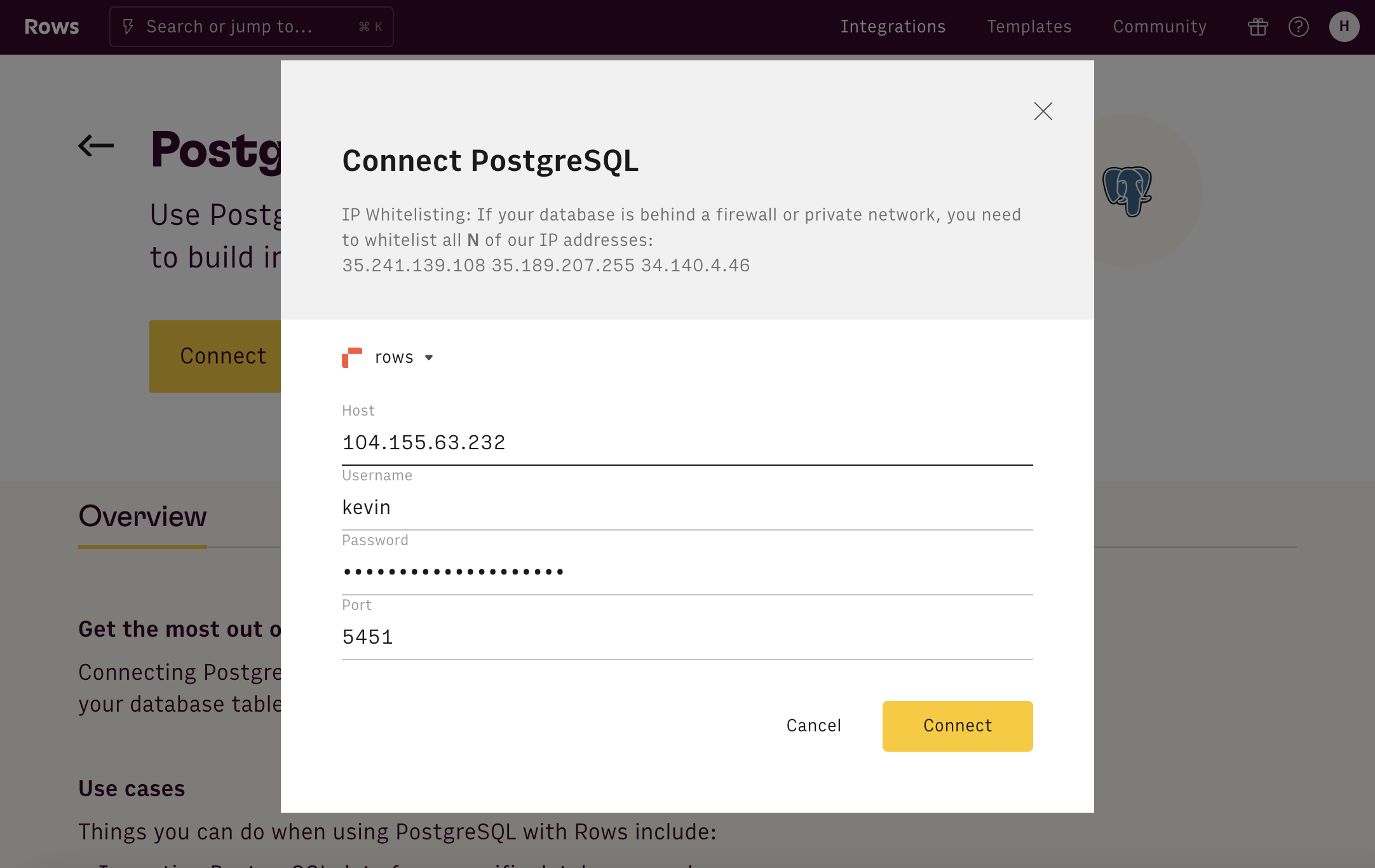 Postgres Connect screen