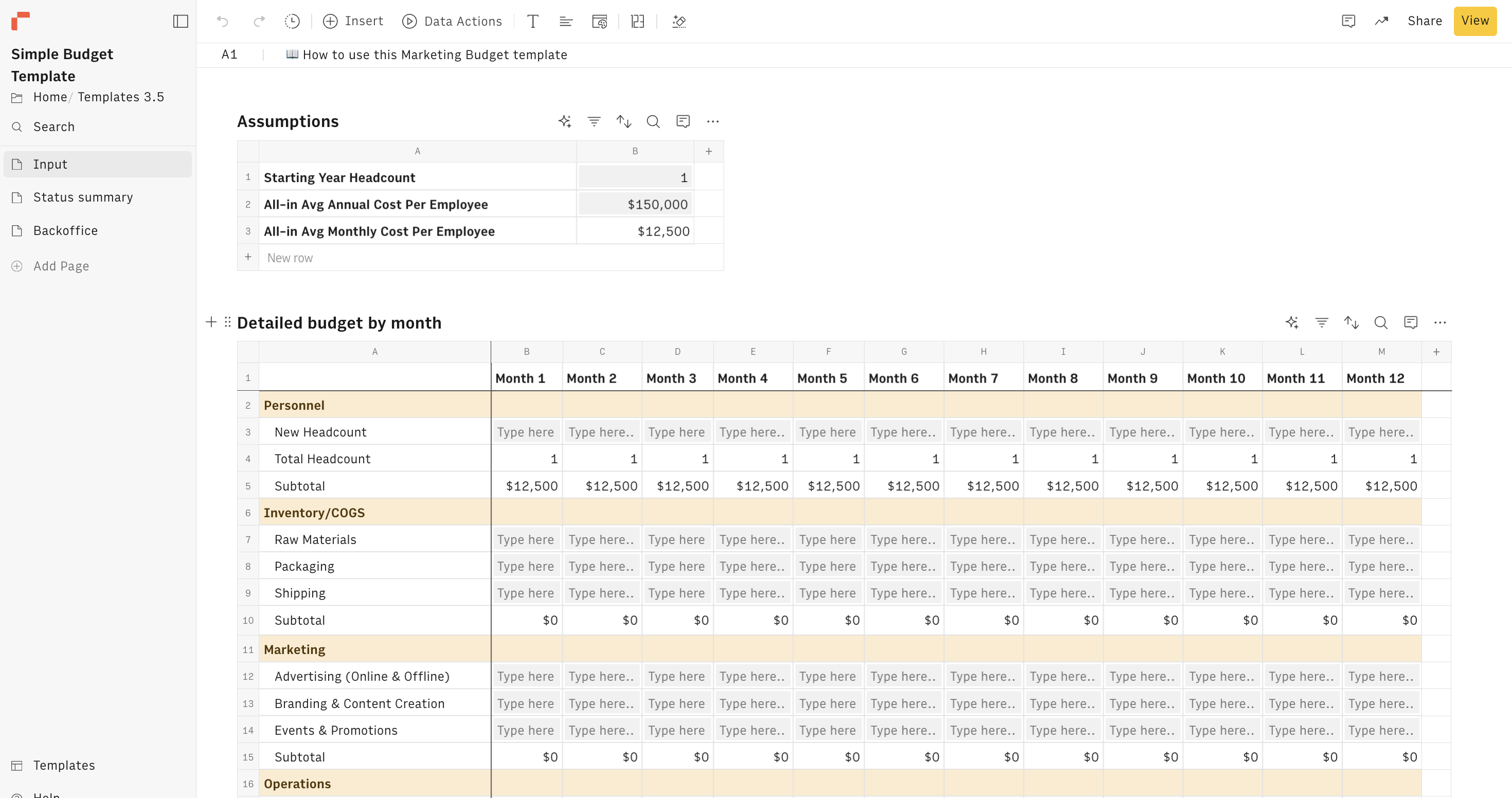 simple budget input page