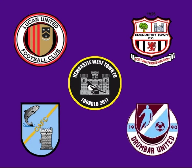 Drumbar United FC CLG, Edenderry Town FC, Lucan United, Newcastle West Town, Oughterard AFC football club logos