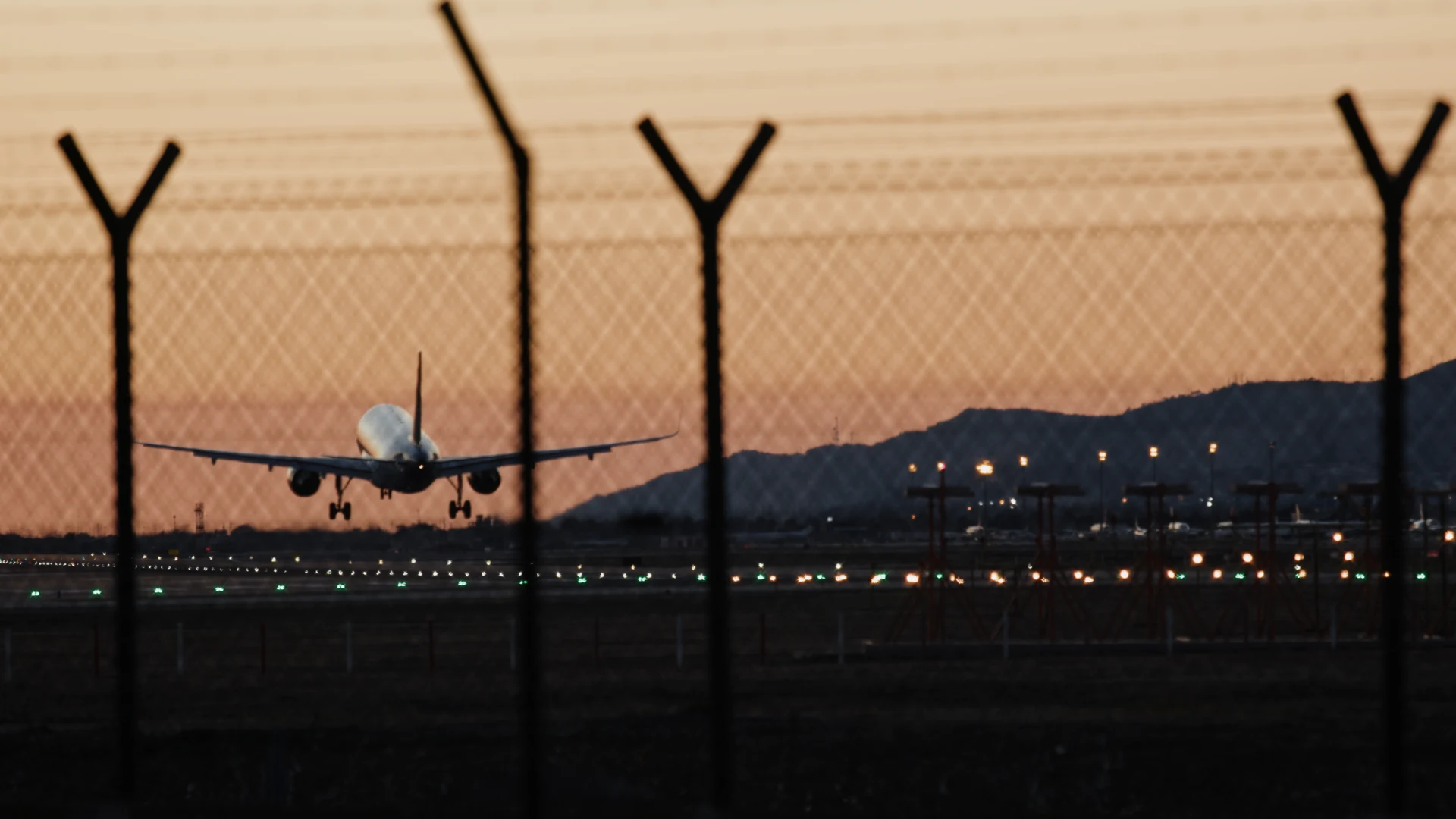 airplane takeoff airport runway sunset