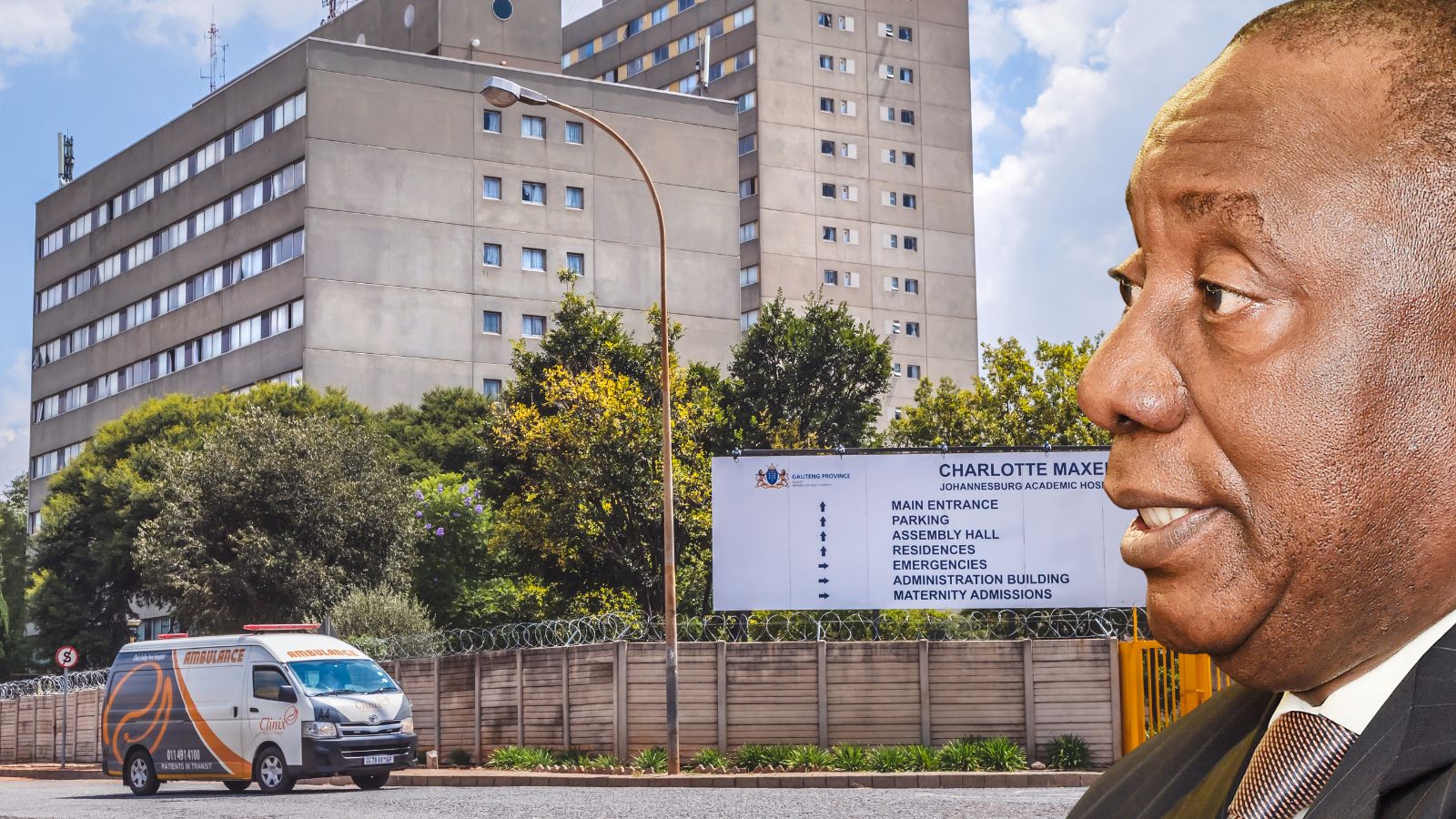 'n Grafika van Cyril Ramaphosa se gesig, en 'n hospitaal as agtergrond