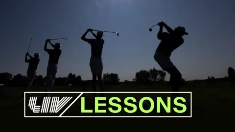 Four LIV golf players tee off in a line on the green at sunset