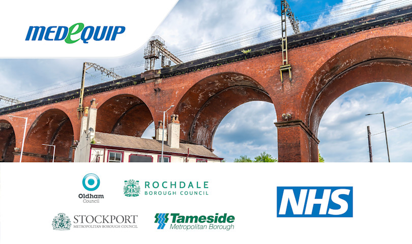 A view looking up at the largest viaduct in the UK at Stockport, Manchester and the logos of Medequip, Oldham, Rochdale, Stockport and Tameside councils, and the NHS