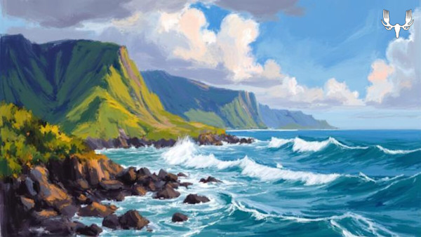 Seascape painting of rocky shore, green cliffs and crashing teal waves; MeatEater logo top right