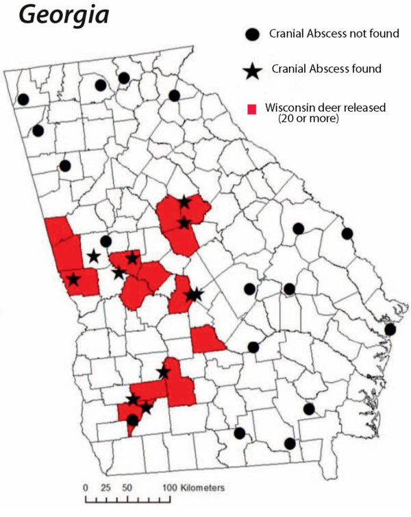 Map of Georgia with locations of cranial abscess findings.