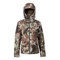 First Lite Uncompahgre Foundry women's camo hooded jacket with 'FIRST LITE' text on hood