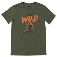 Olive T-shirt with 'CAL OF THE WILD' in orange and a bear illustration wearing an orange mustache