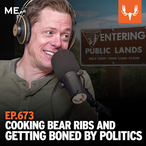 Steven Rinella speaking into a microphone; text "EP.673 COOKING BEAR RIBS AND GETTING BONED BY POLITICS"