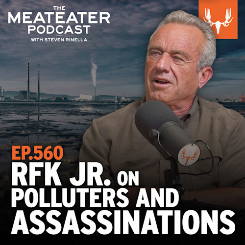 EP.560 RFK JR. ON POLLUTERS AND ASSASSINATIONS — man at podcast mic, industrial shoreline, "THE MEATEATER PODCAST"