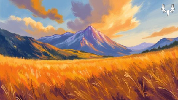 Painted golden field and purple-blue mountain under orange clouds; MeatEater logo top right