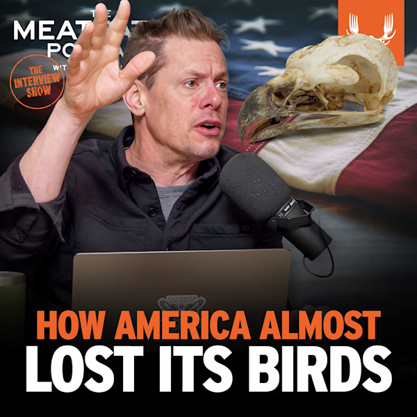 Man speaking into microphone; bird skull on American flag; text HOW AMERICA ALMOST LOST ITS BIRDS