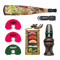 Phelps camouflage turkey-call kit with mouthpiece, wooden striker, lanyard, and call inserts