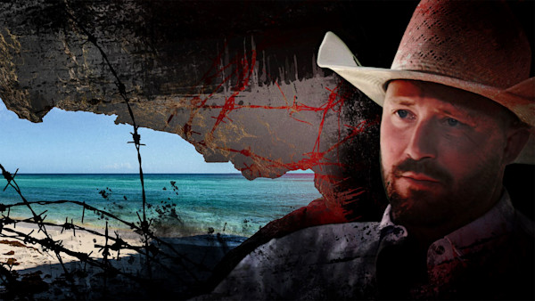 Man in cowboy hat and beard overlaid on tropical beach with barbed-wire silhouette