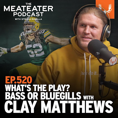 Man at mic in yellow hoodie wearing headphones; overlay text: EP.520 What's the Play? Bass or Bluegills with Clay Matthews