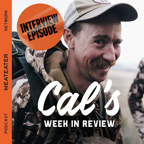 Smiling man in camo and cap with backpack; overlay text "Cal's Week in Review" and "INTERVIEW EPISODE"