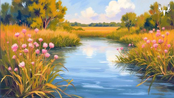 Calm stream through a grassy meadow with pink wildflowers, trees, and blue sky; MeatEater logo top-right