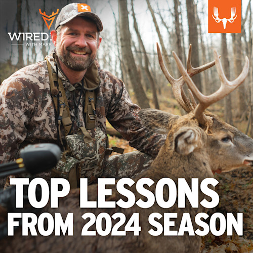 Smiling hunter kneels by buck in leaf-strewn forest; text overlay "TOP LESSONS FROM 2024 SEASON"