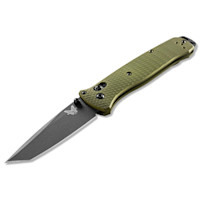 Folding knife with textured olive-green handle and dark stonewashed tanto blade