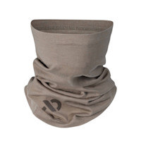First Lite Aerowool neck gaiter, tan tubular knit with printed logo