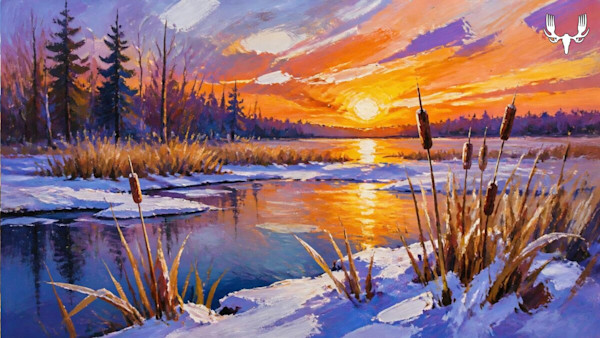 Sunset over snowy marsh and river with cattails; MeatEater logo top-right