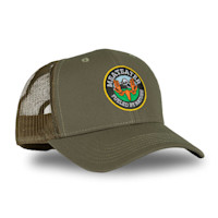 Olive trucker hat with patch reading "MEATEATER FUELED BY NATURE"