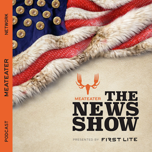 Fur-and-shell American flag; THE NEWS SHOW text and MEATEATER logo, presented by FIRST LITE