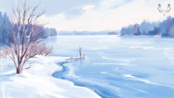 Winter river with snowy banks and bare trees; MeatEater antler skull logo top-right