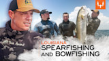 Four men in wetsuits holding a large fish at sea, text "LOUISIANA SPEARFISHING AND BOWFISHING"